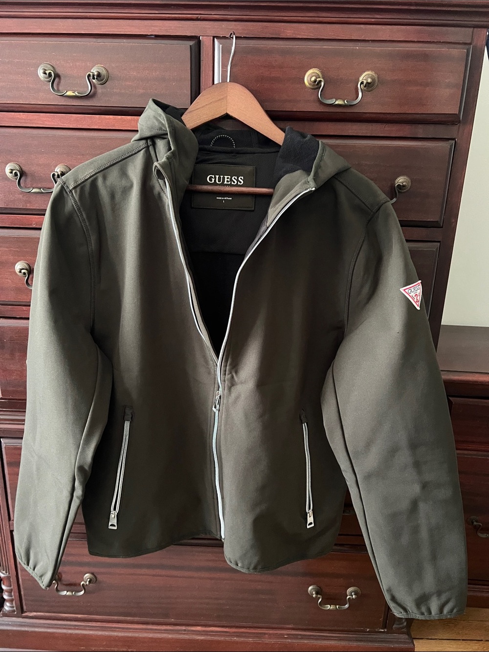 GUESS Men's Olive Green Hooded Jacket with Zip Pockets